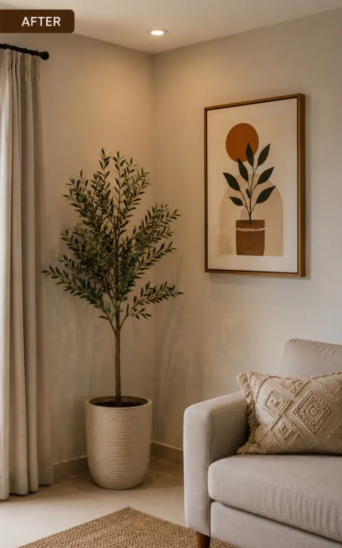 Empty corner filled with plant and art