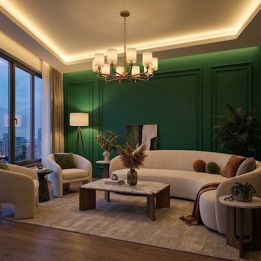 Styled living room with green panelled wall