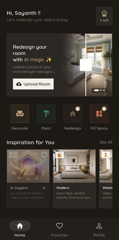 Dealviora app home screen with Decorate, Paint, Redesign and Fill Space options
