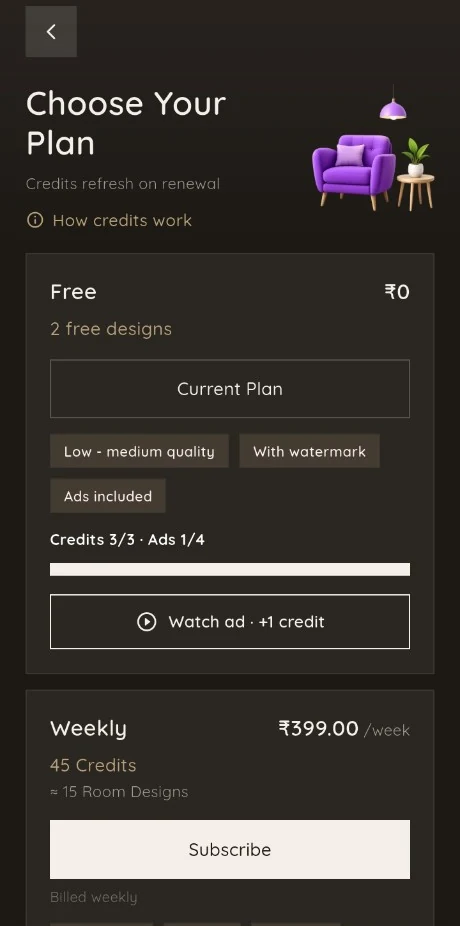 Plans and credits screen