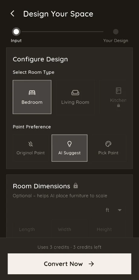 Room type and paint preference screen