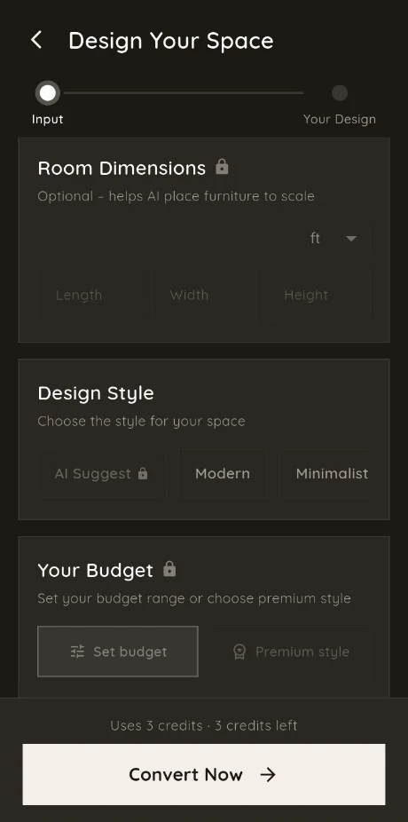 Design style and room dimensions screen